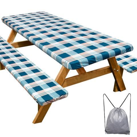 Play Tailor picnic table cover in green checkered pattern protects the 72-inch table from spills