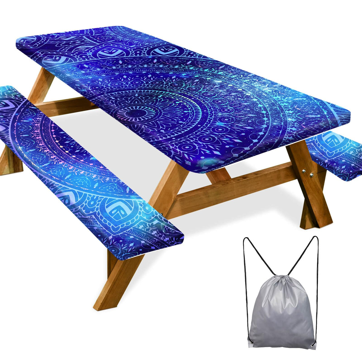 Play Tailor picnic table cover protecting a 72x30 table with a blue-purple color