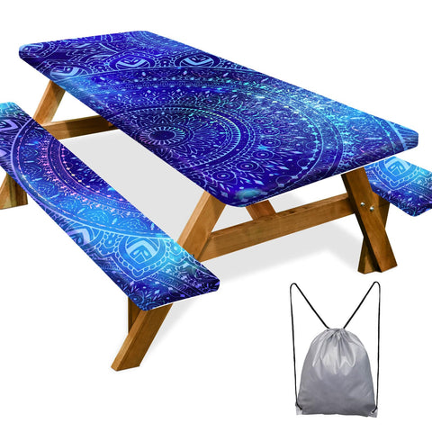 Play Tailor picnic table cover protecting a 72x30 table with a blue-purple color