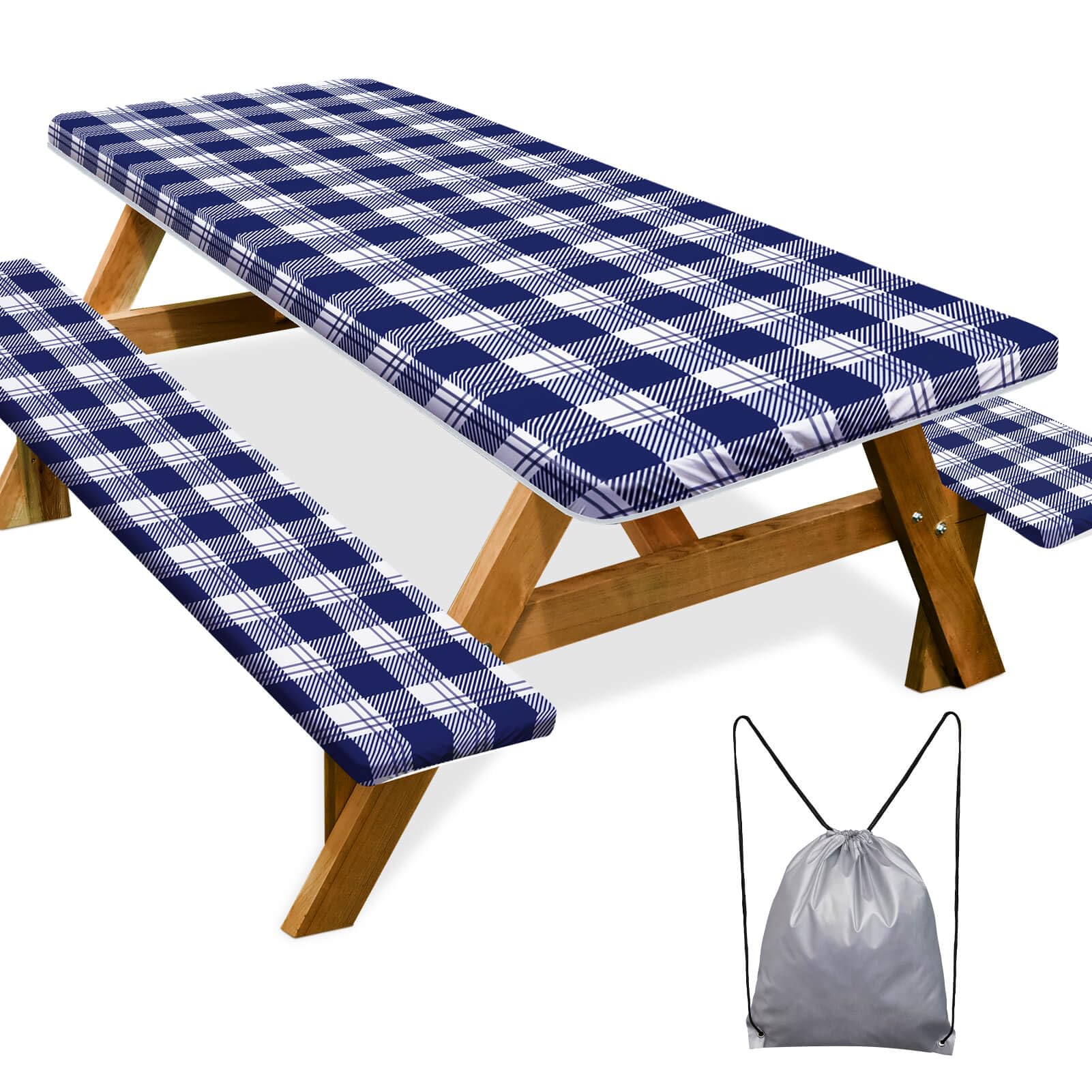 Play Tailor picnic table cover blue checkered 72in protects surfaces during outdoor meals.
