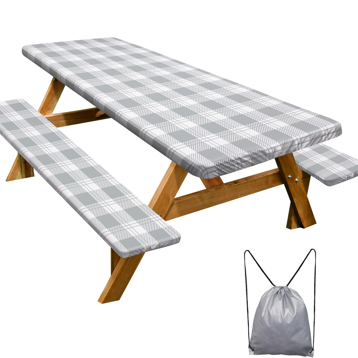 Play Tailor picnic table cover 96in gray checkered protecting exterior from spills outdoors.