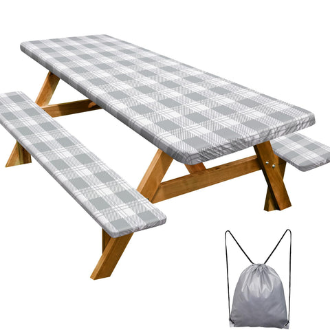 Play Tailor picnic table cover 96in gray checkered protecting exterior from spills outdoors.