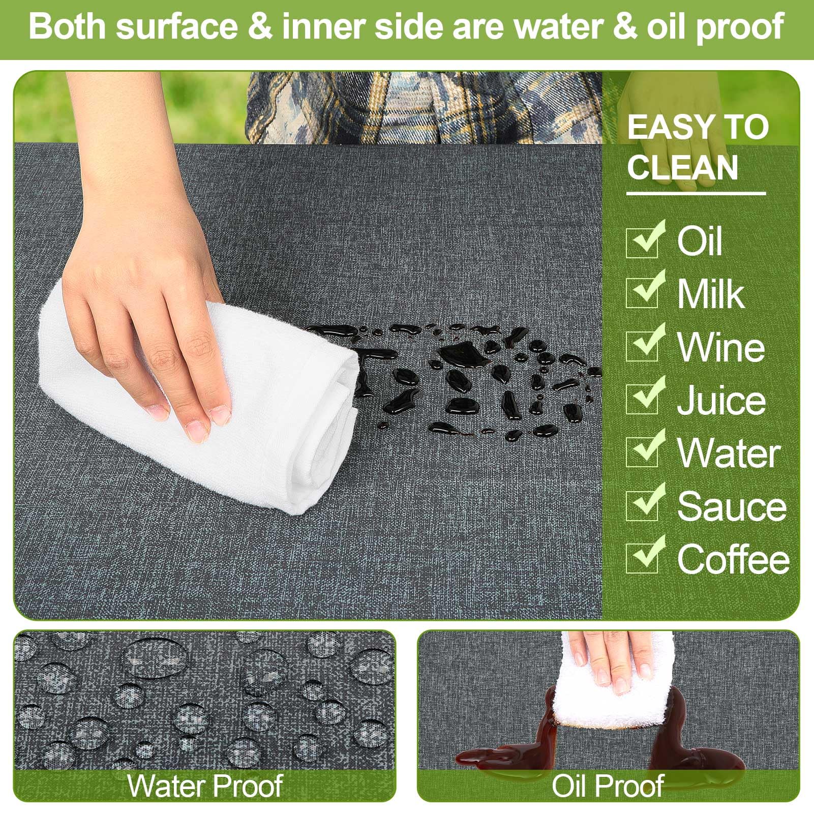Play Tailor waterproof tablecloth in Heather Grey keeps surfaces dry outdoors.