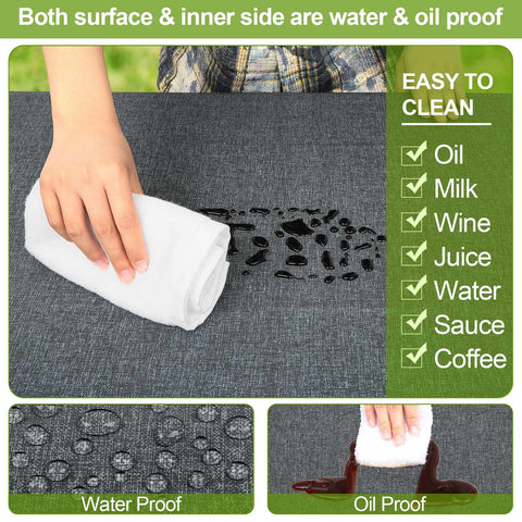 Play Tailor waterproof tablecloth in Heather Grey keeps surfaces dry outdoors.