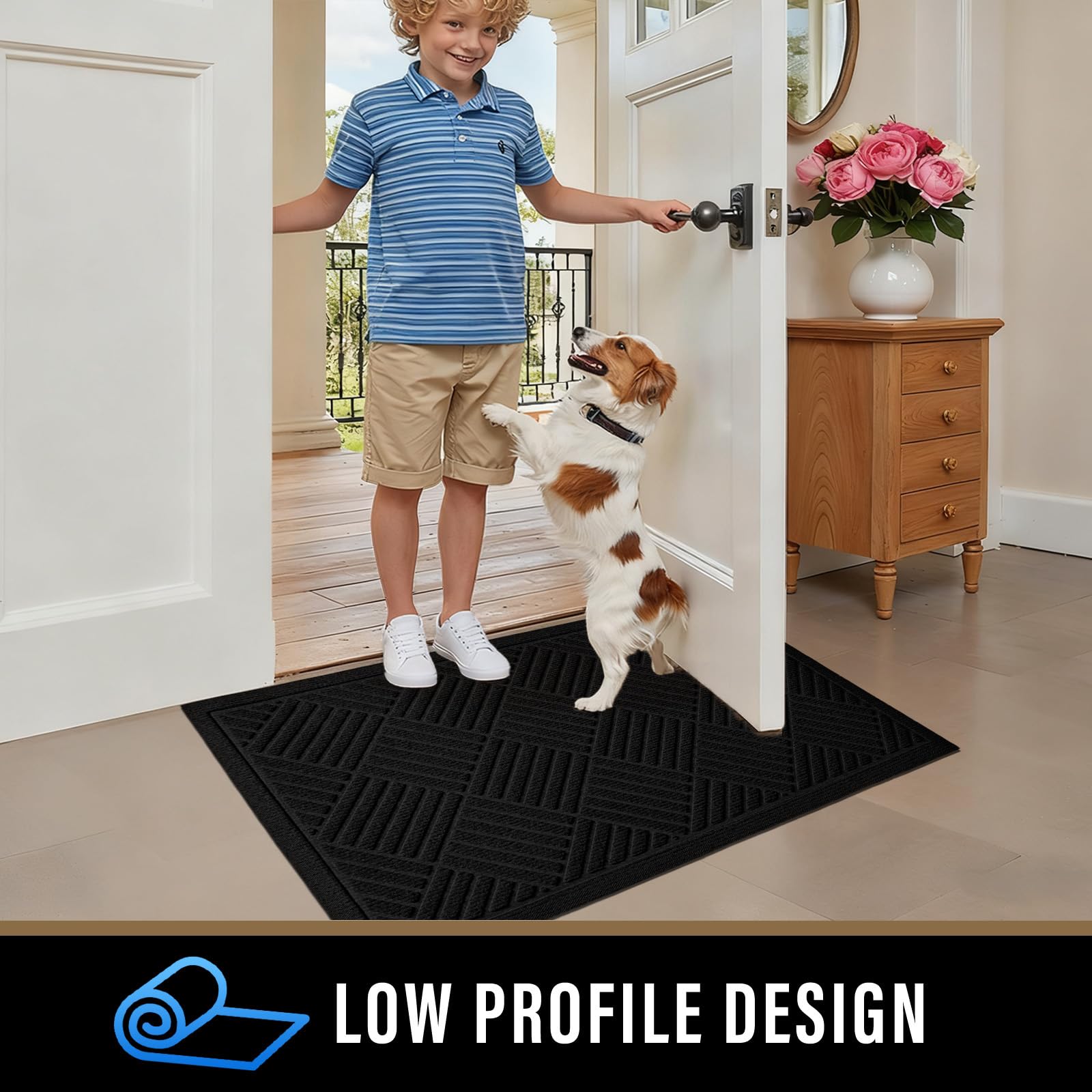 PLEASOR dirt-absorbent entry mat catching moisture and dirt at the doorway