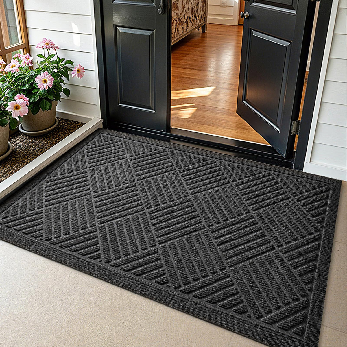 PLEASOR front door mat dirt-absorbent captures moisture to keep entryways cleaner.