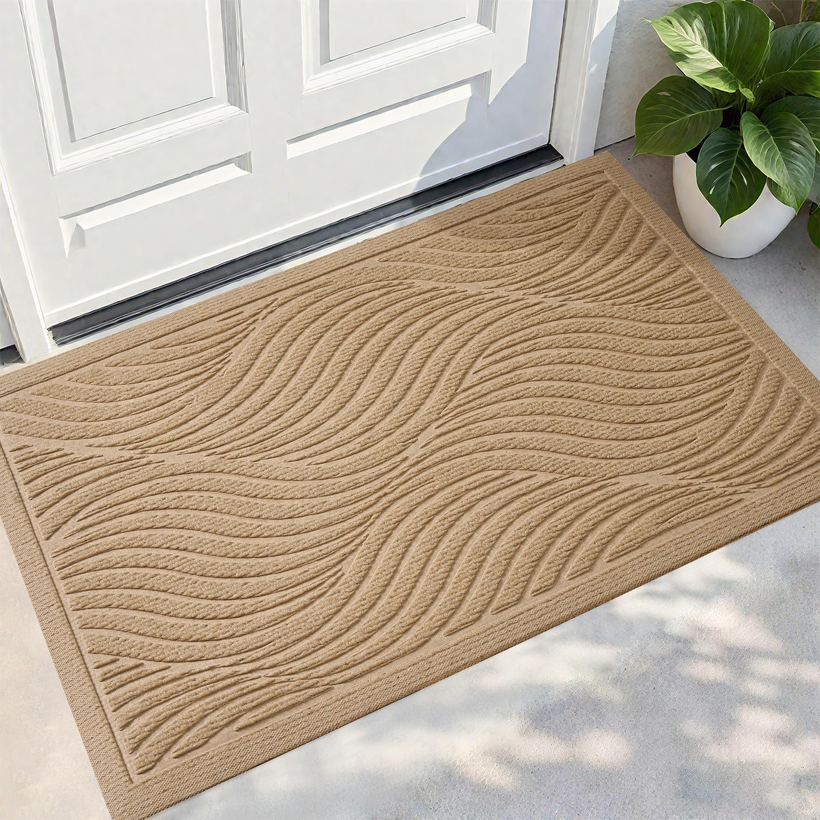 PLEASOR front door mat outdoor entrance with absorbent fibers for moisture and dirt.