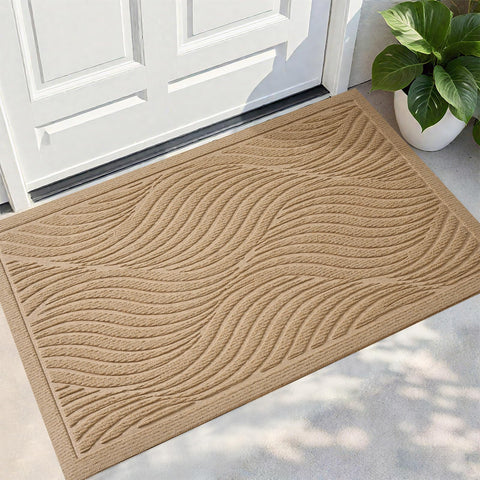 PLEASOR front door mat outdoor entrance with absorbent fibers for moisture and dirt.