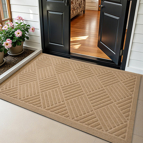 PLEASOR front door mat at an outdoor entrance capturing dirt and moisture for a cleaner threshold