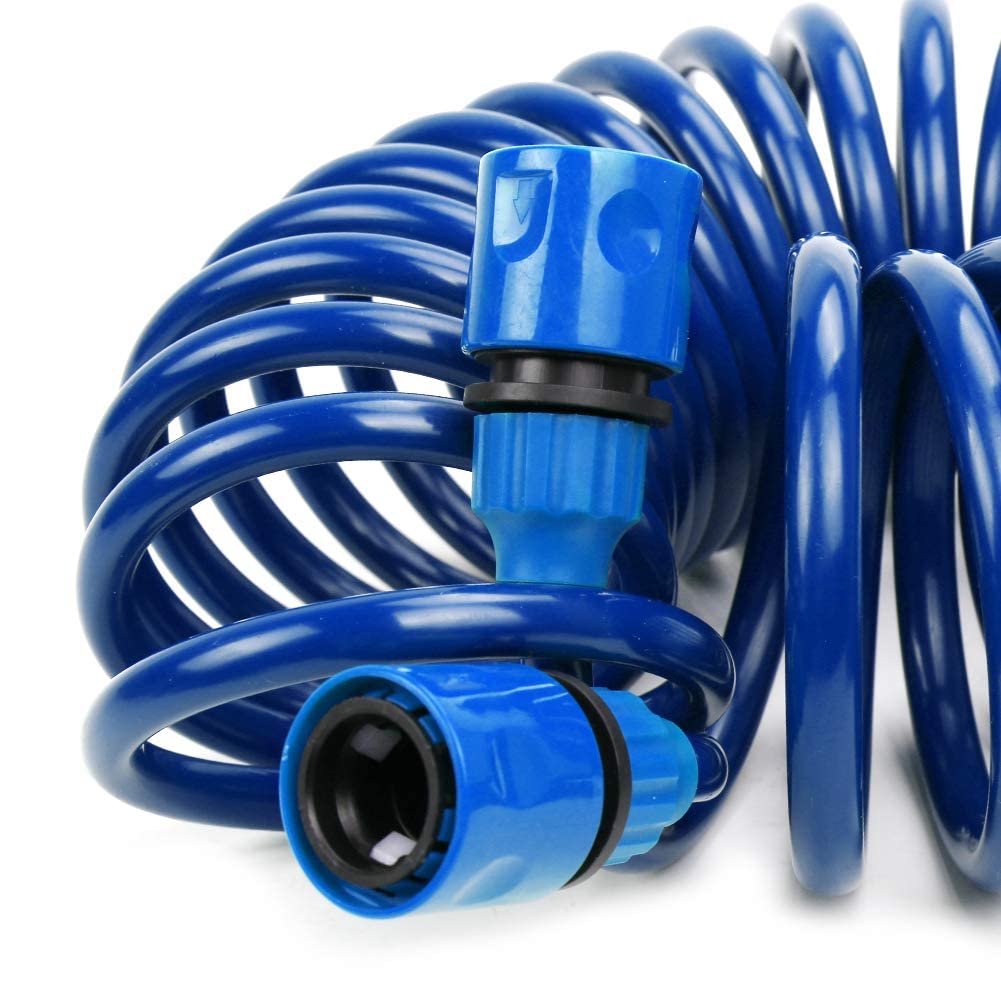 Pleasthome easy-storage coiled hose compact after use.