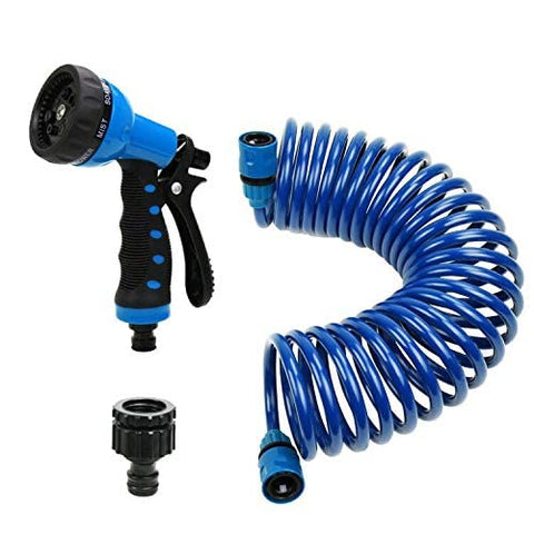 Pleasthome Recoil Garden Hose 25ft coiled for tidy storage and easy handling.