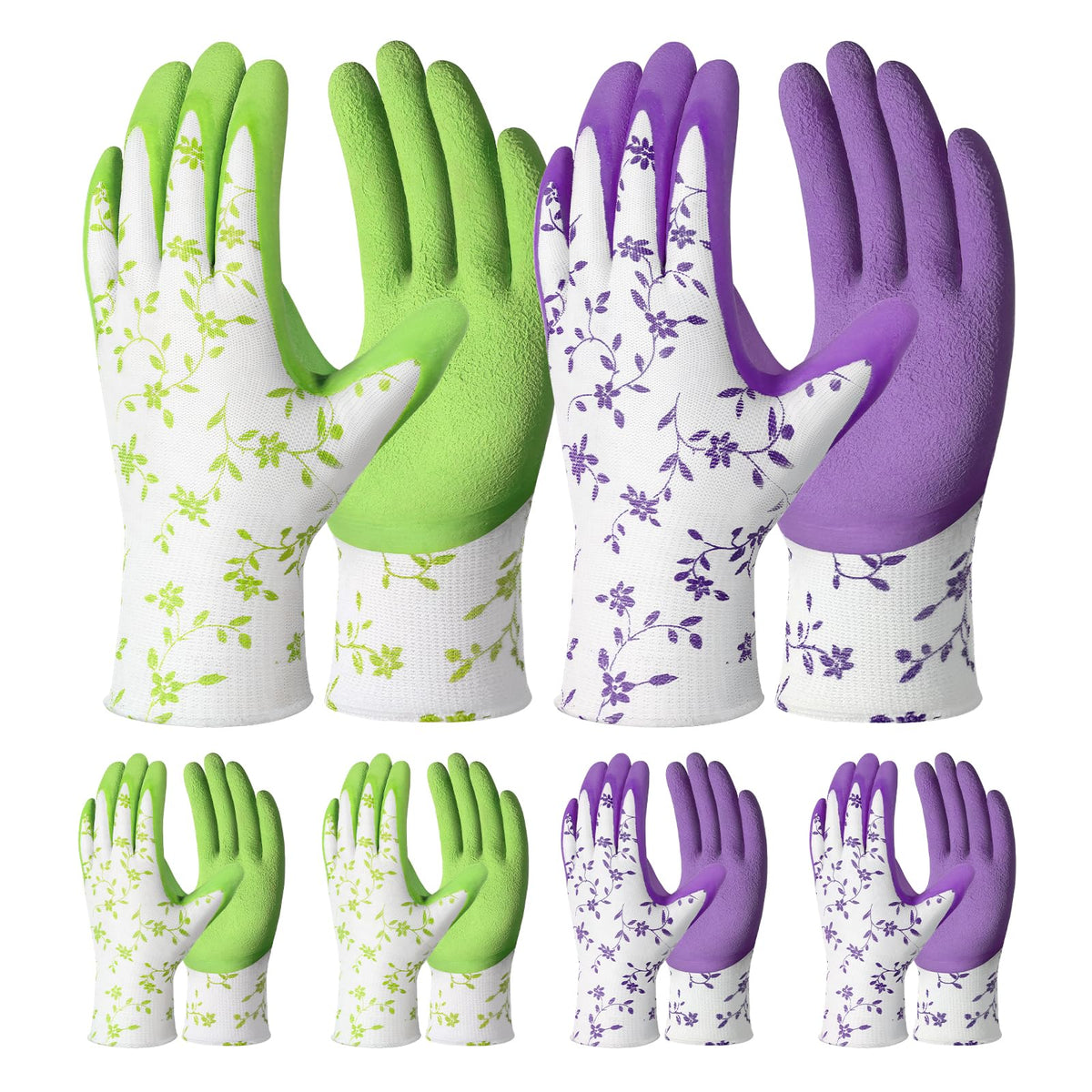 Pleneal garden gloves for women and men in green and purple, six pairs bundled for versatile outdoor tasks.