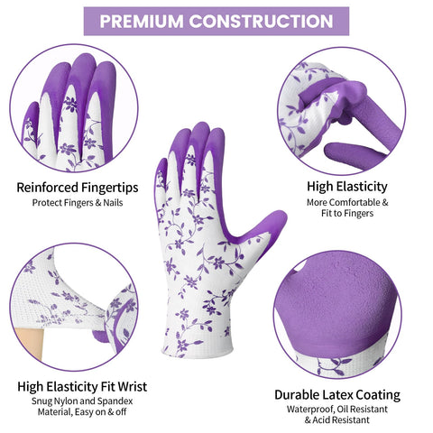 Pleneal printed gloves in green and purple add style while protecting hands during gardening.