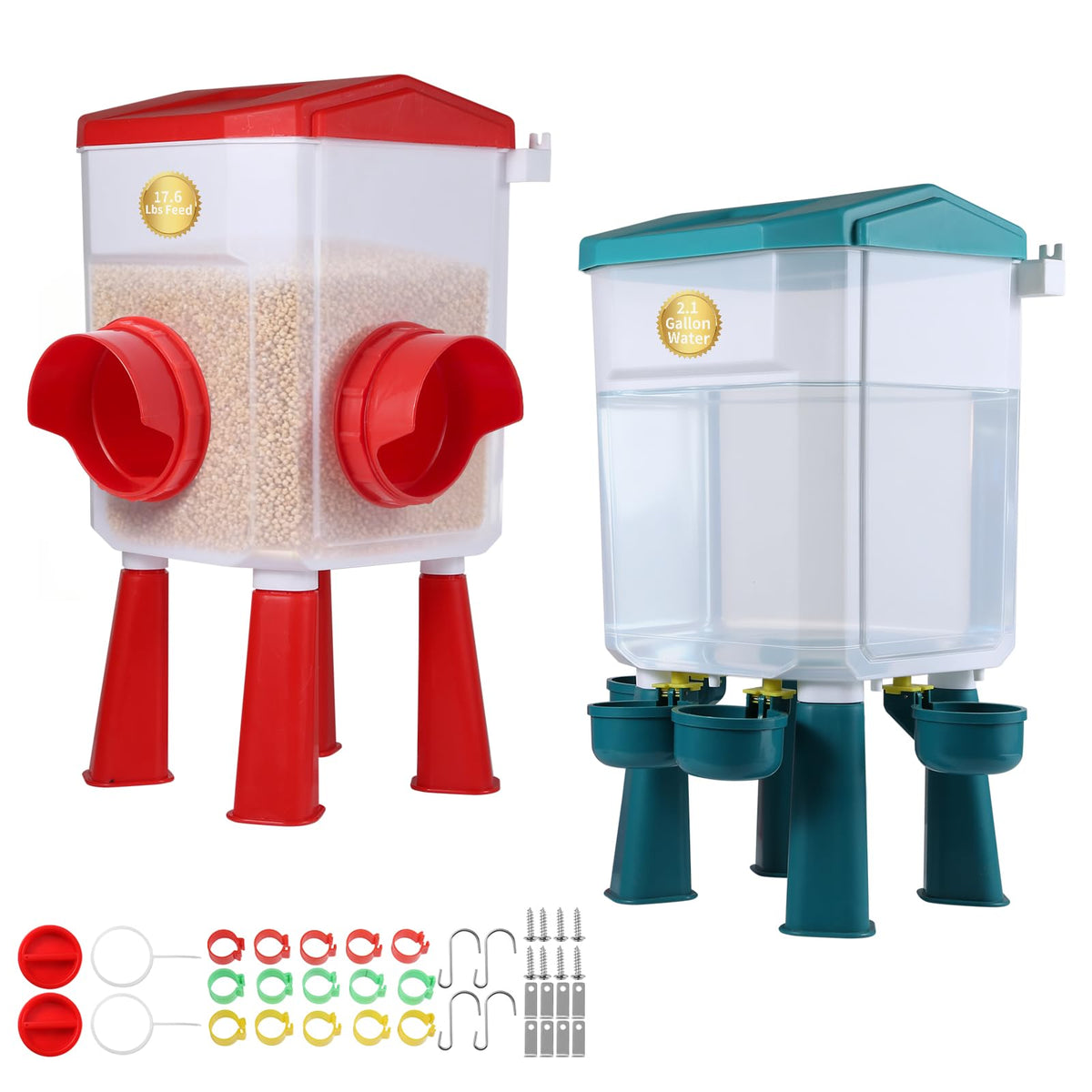 PlentiVive chicken feeder-waterer front view shows gravity kit for easy refills and reliable supply.