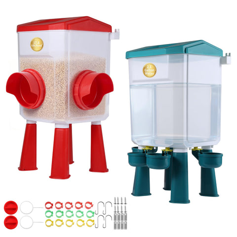 PlentiVive chicken feeder-waterer front view shows gravity kit for easy refills and reliable supply.