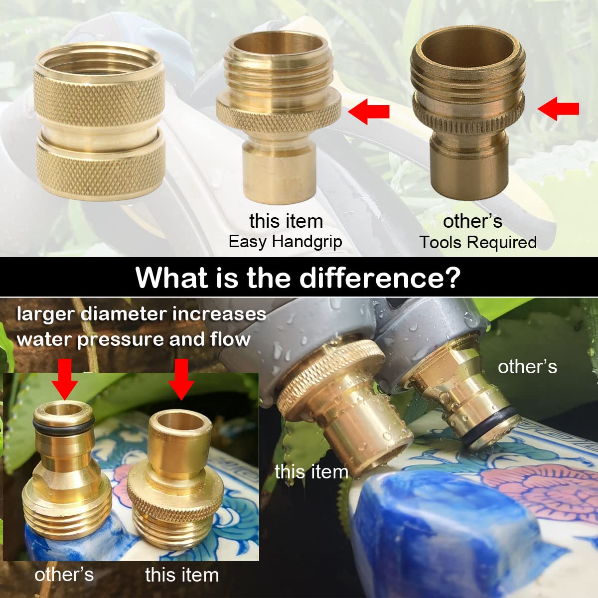 PLG brass quick-connect close-up highlights durable brass and corrosion resistance.