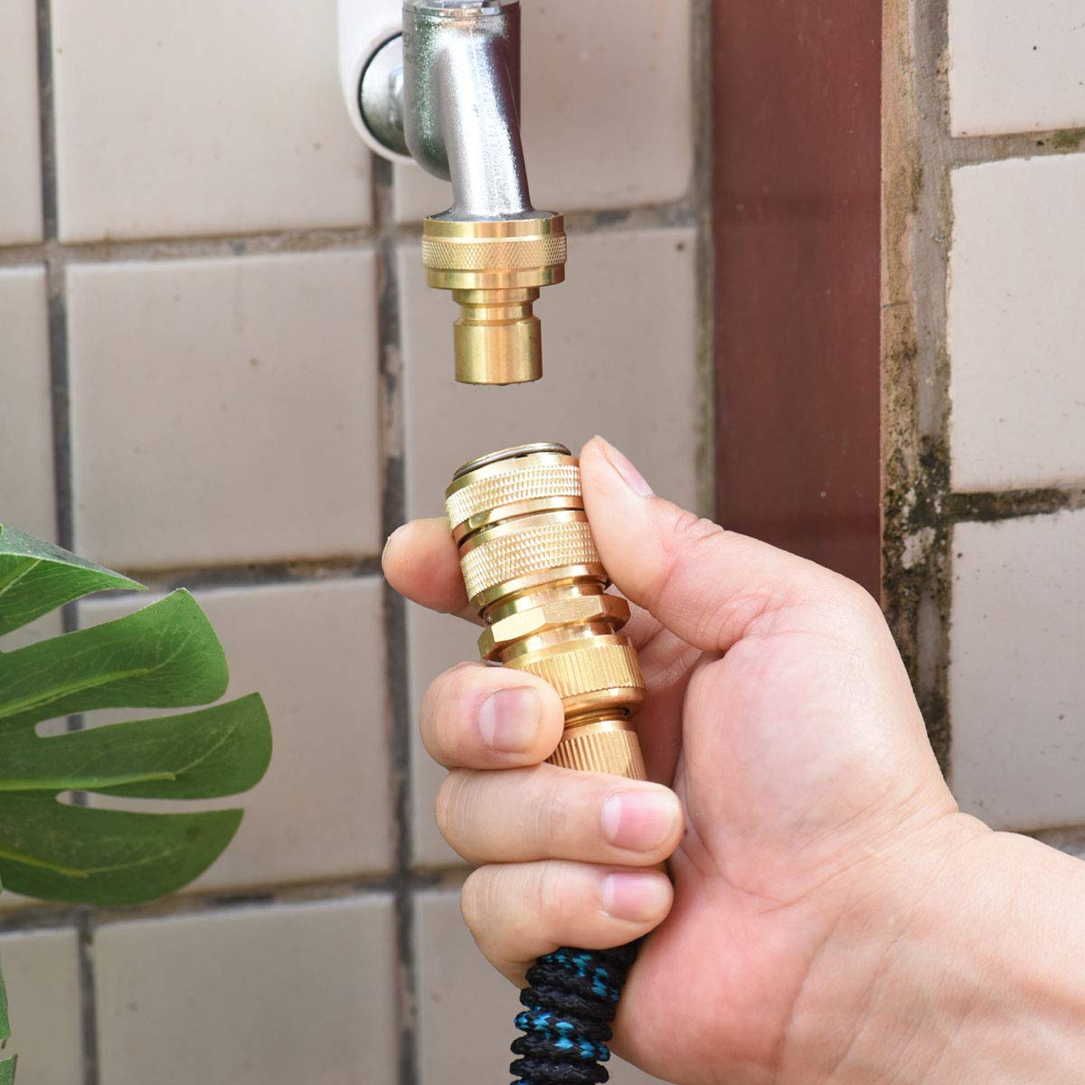 PLG brass quick-connect closeup assembly demonstrating tool-free setup.