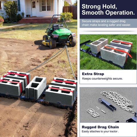 Plorvia drag harrow tilt-angle feature guiding material flow for even finish
