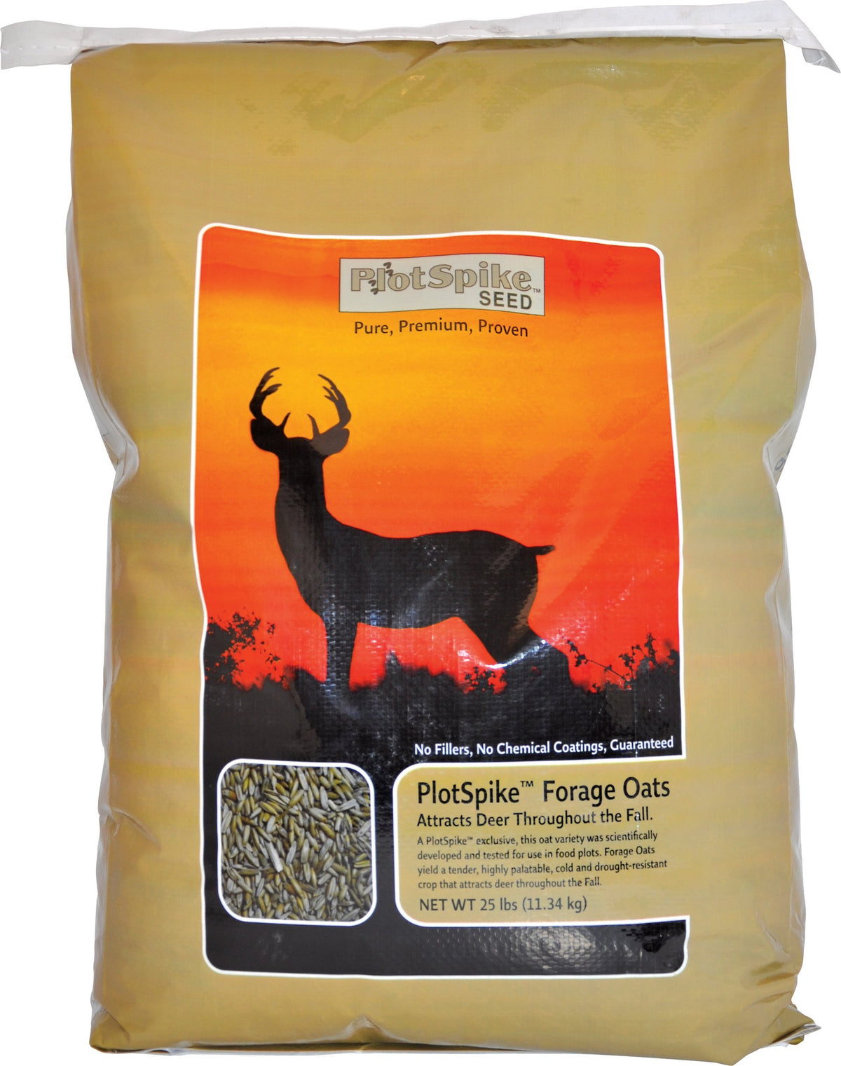 PlotSpike Forage Oat Seed packaging image showing a 25-pound bag, ideal for fall deer attractant.