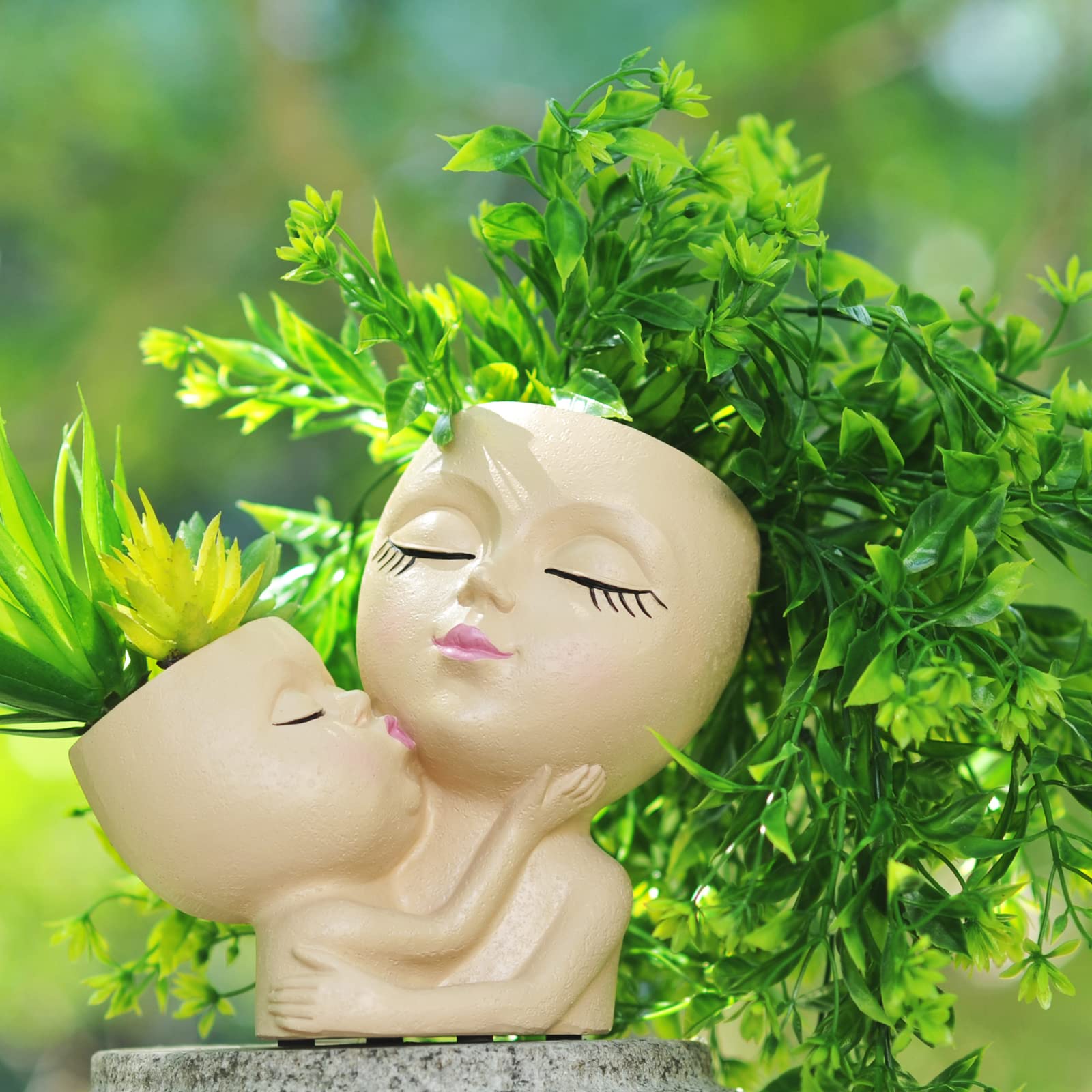 PlotX mother-child head planter in khaki balances indoor displays for small succulents.