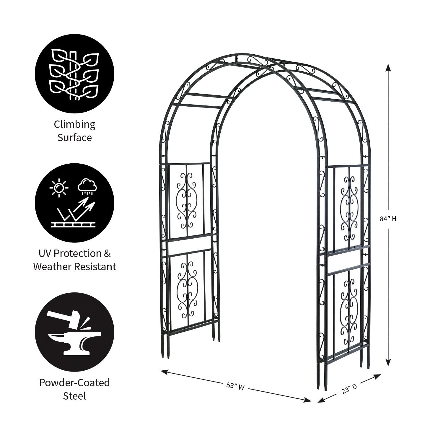 Arch secured by 7-inch ground stakes for stable outdoor installation