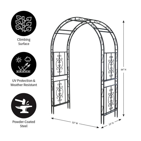 Arch secured by 7-inch ground stakes for stable outdoor installation