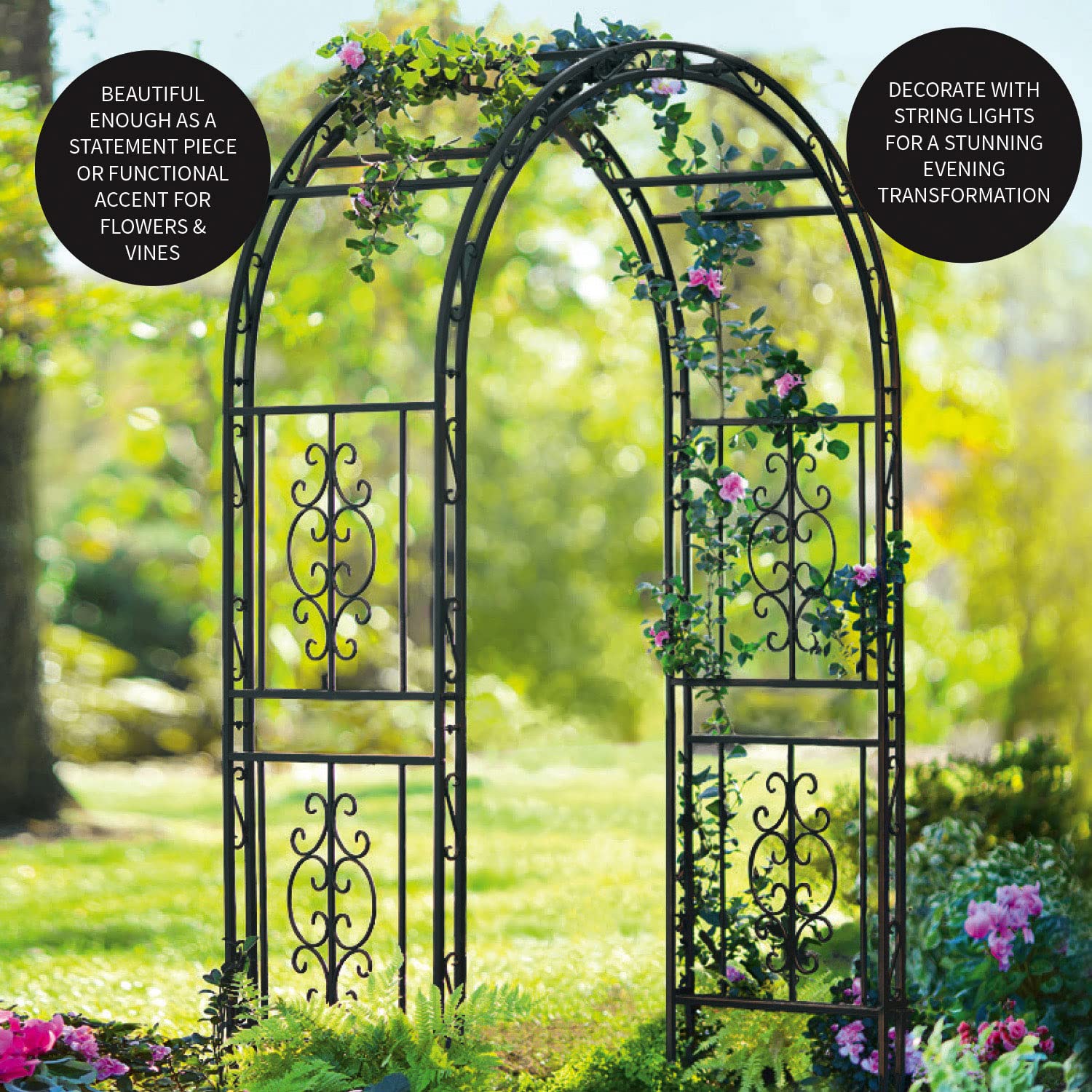 Open design Montebello arch provides space for climbing plants and lighting