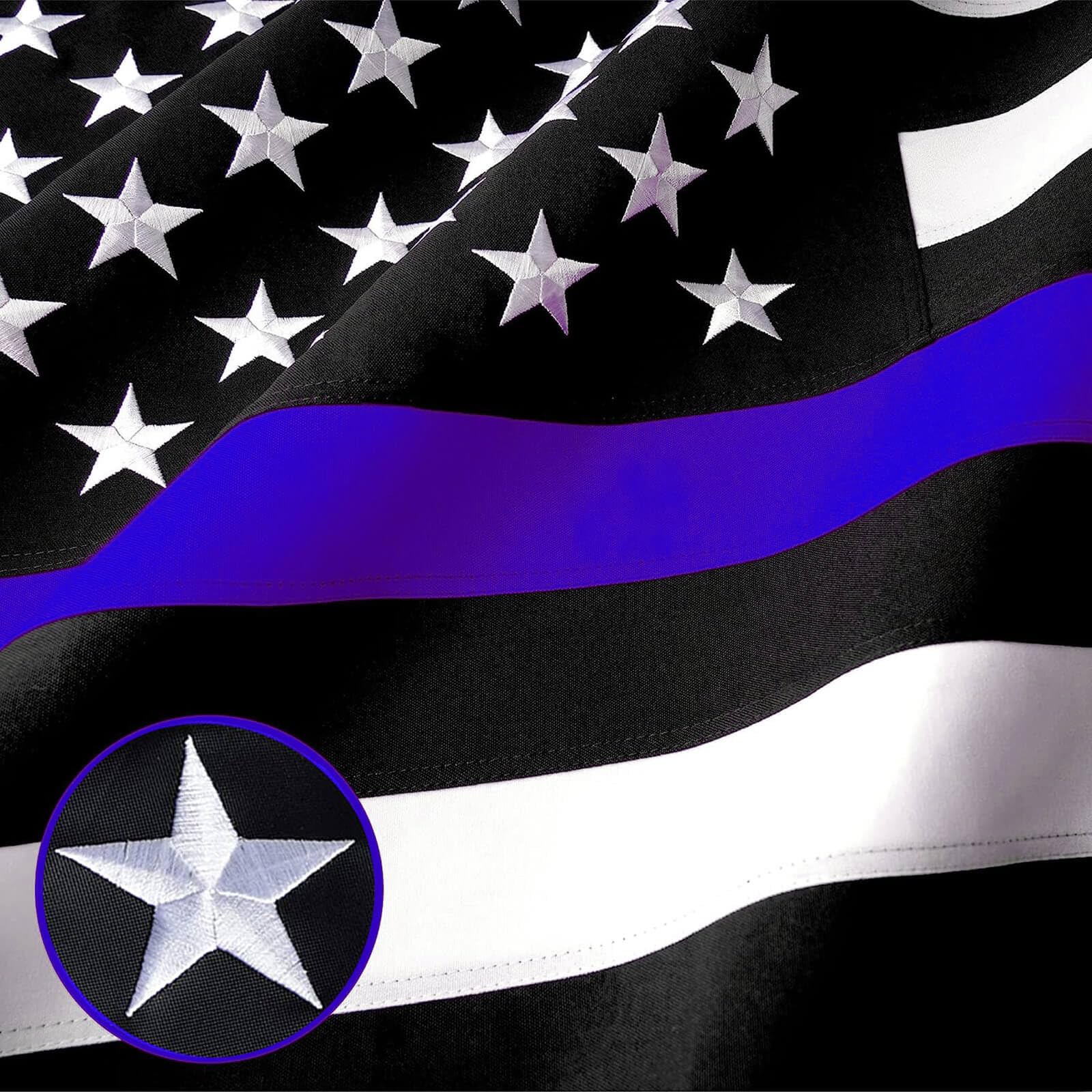PLTCAT American Flag Thin Blue Line flag with embroidered stars for durable outdoor display.