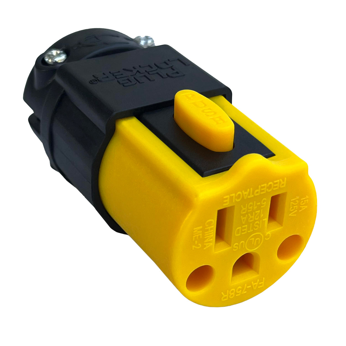 PlugLocker locking extension end securing a 15A/125V connection for reliability.