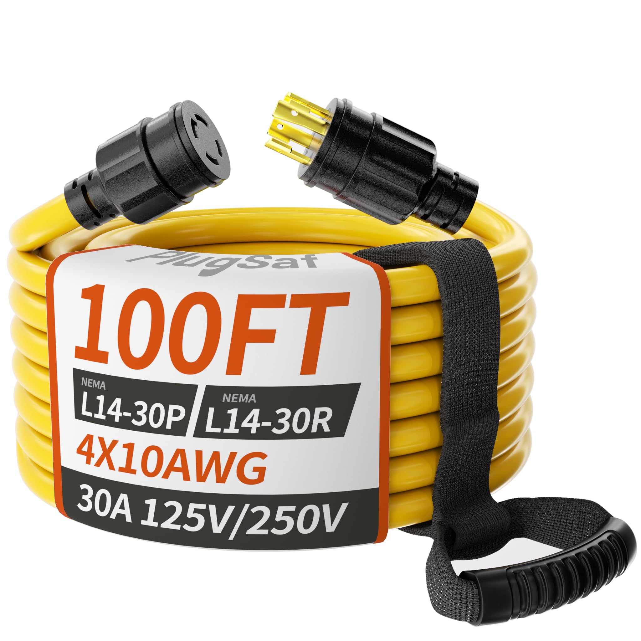 PlugSaf 100ft generator cord with L14-30P/L14-30R for long reach and secure connection