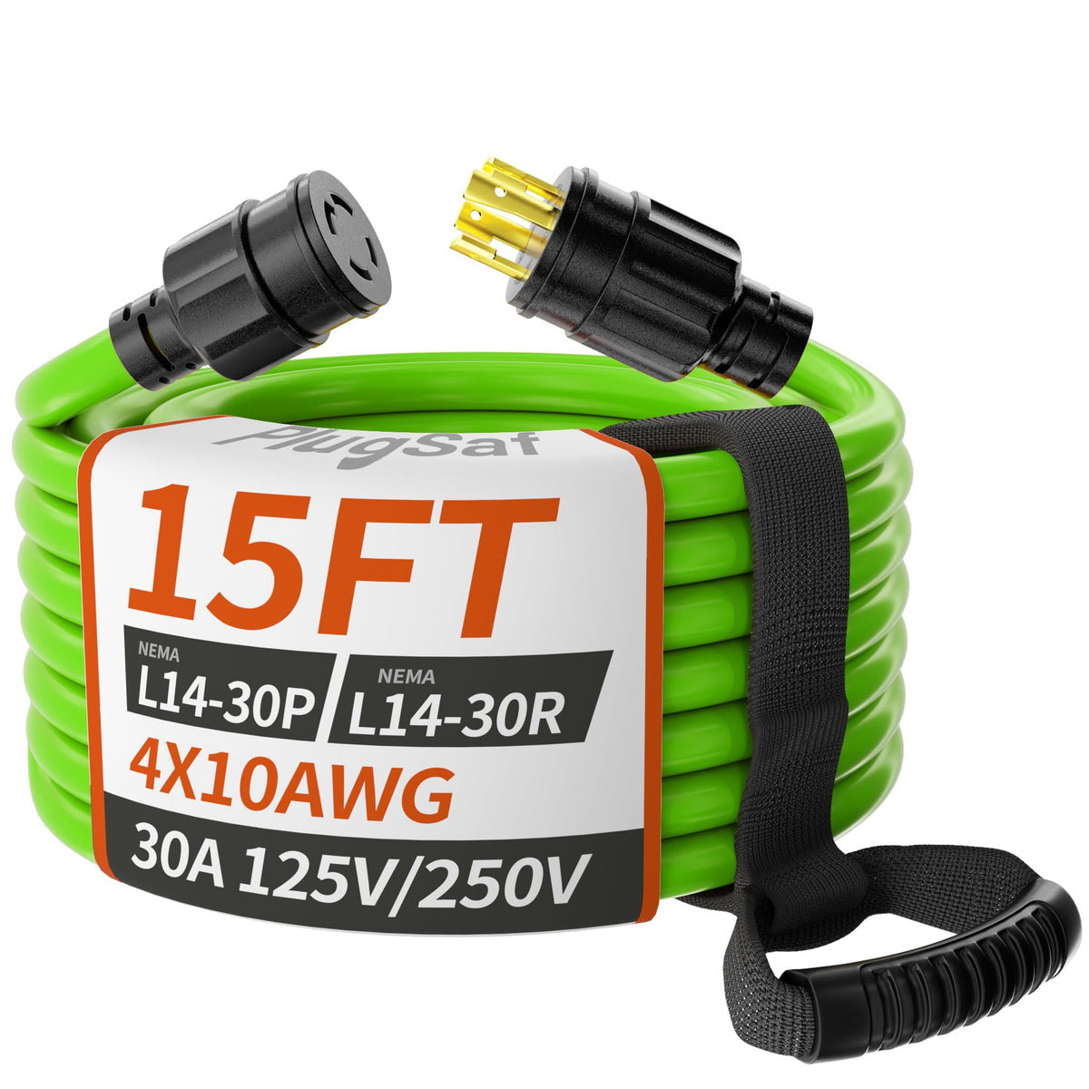 PlugSaf 15ft 30A generator cord for reliable outdoor power transfer.