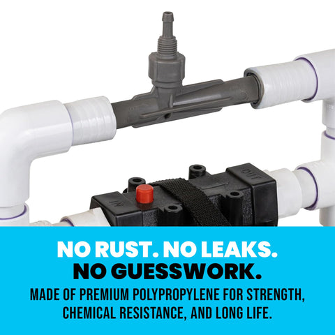 Plunge Crafters Mazzei-style injector delivers uniform water treatment across the loop.