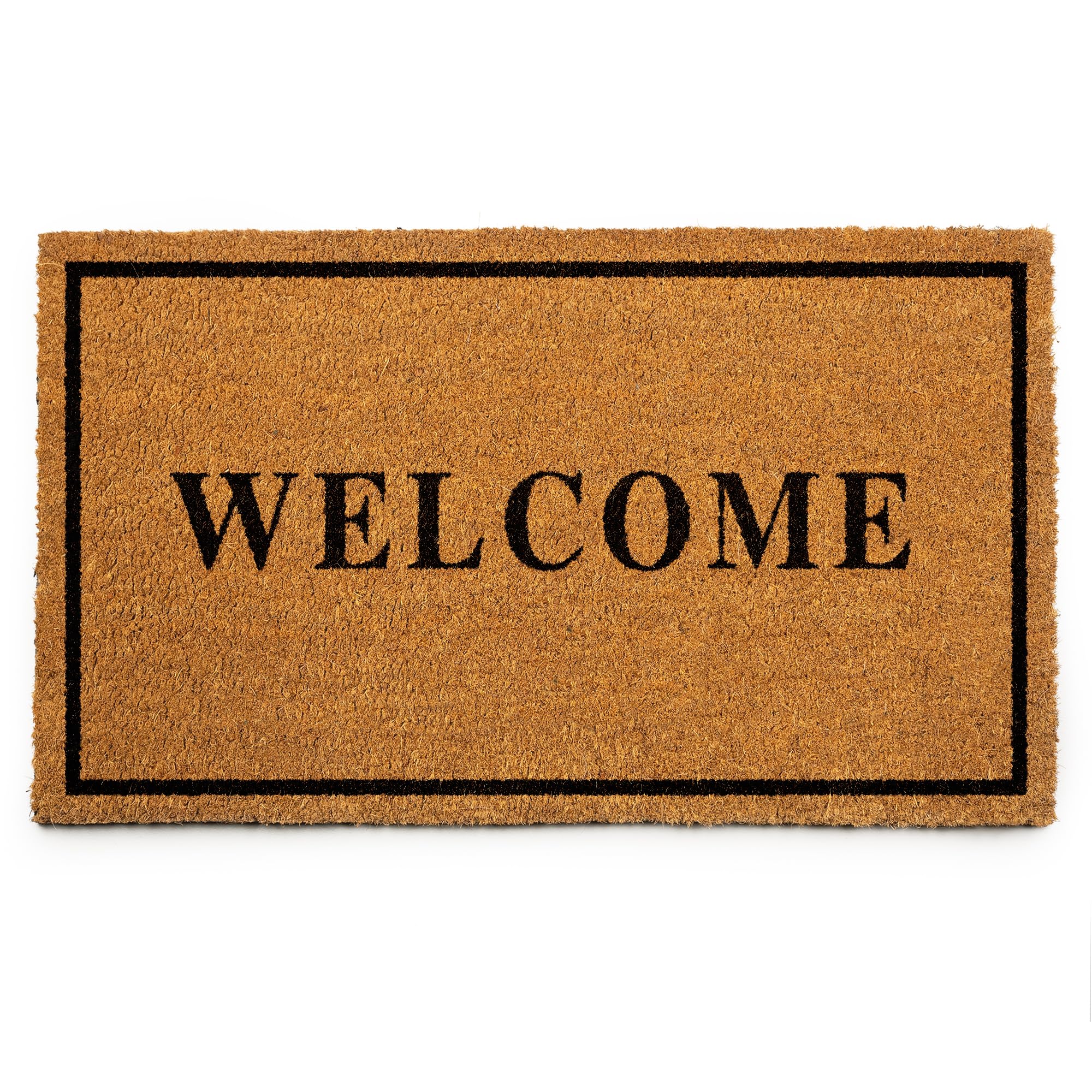 PLUS Haven coco coir door mat front view shows a sturdy backing.
