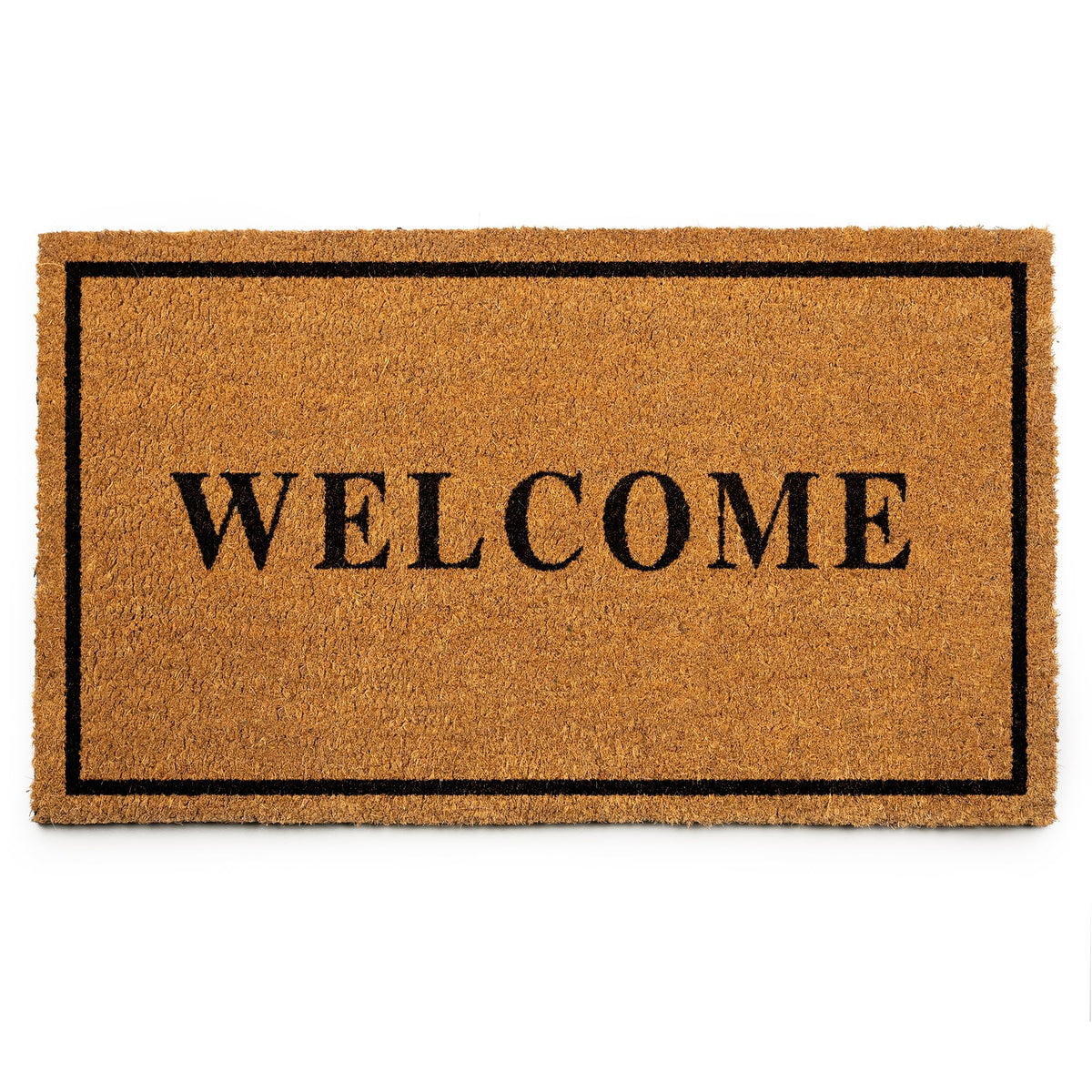 PLUS Haven coco coir door mat front view shows a sturdy backing.