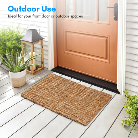 PLUS Haven Jute Doormat texture closeup shows handspun fibers and sturdy weave.