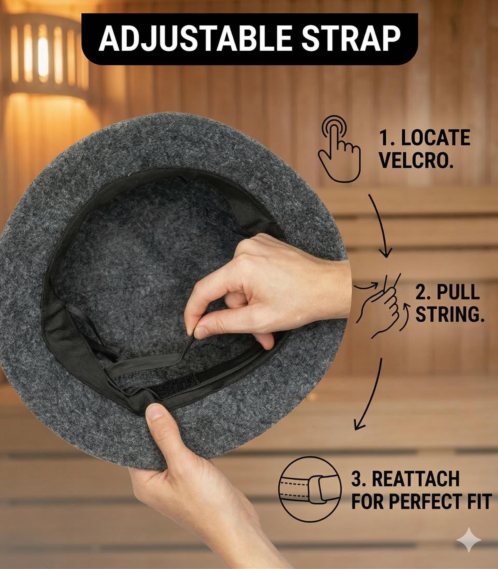 Adjustable Natural Wool Sauna Hat sweatband keeps the forehead dry.
