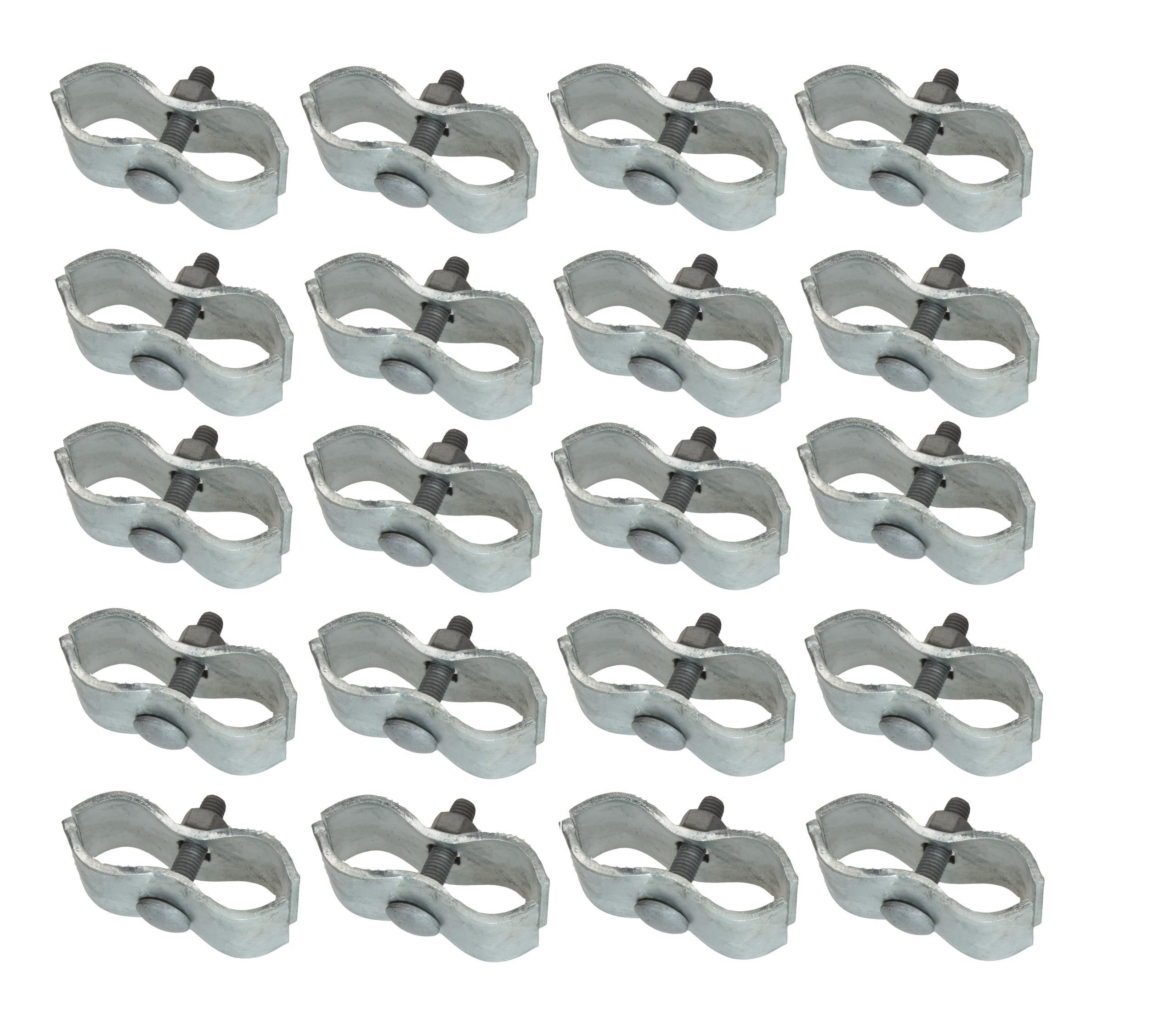 Plutreas chain-link clamps on round 1-3/8 inch pipe secure panels.