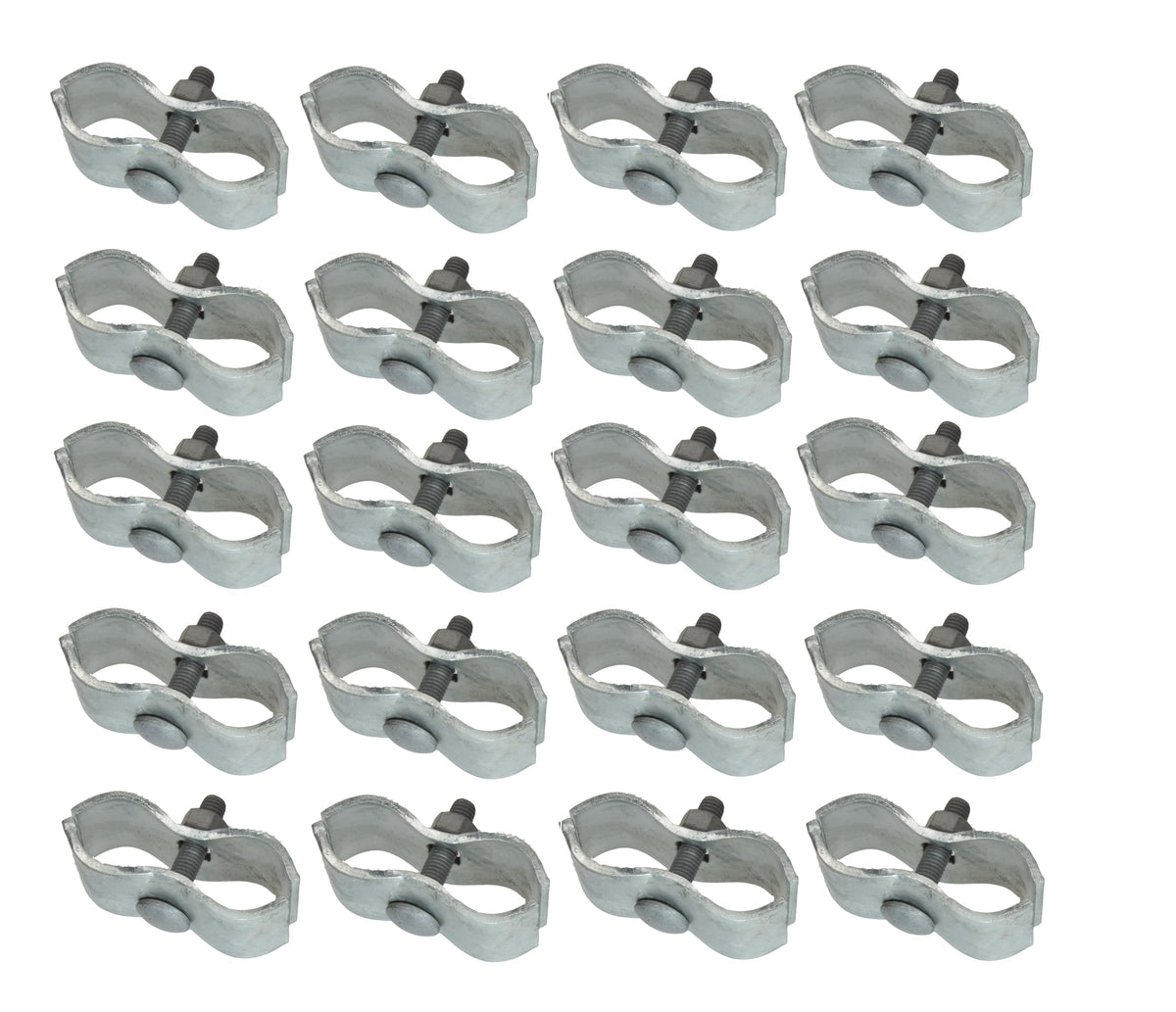 Plutreas chain-link clamps on round 1-3/8 inch pipe secure panels.