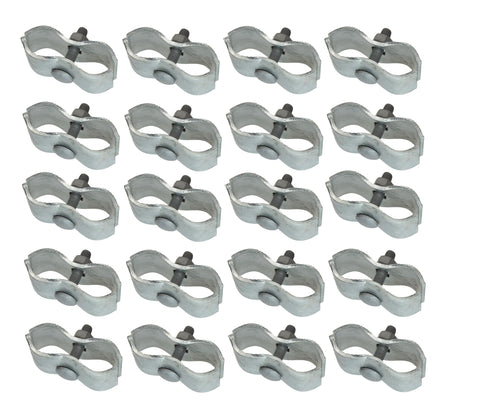 Plutreas chain-link clamps on round 1-3/8 inch pipe secure panels.