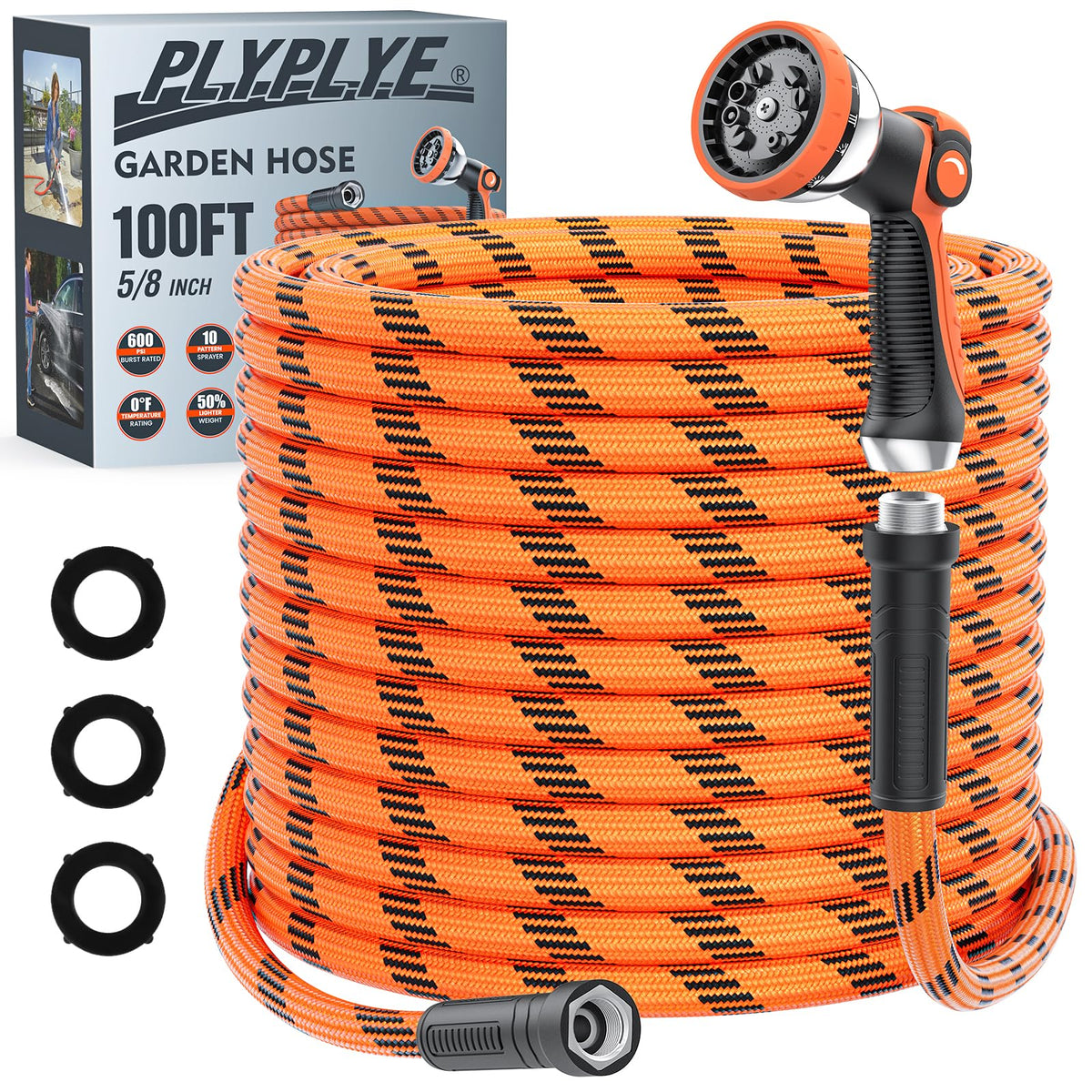 PLYPLYE 100ft garden hose extends reach for yard-wide watering.
