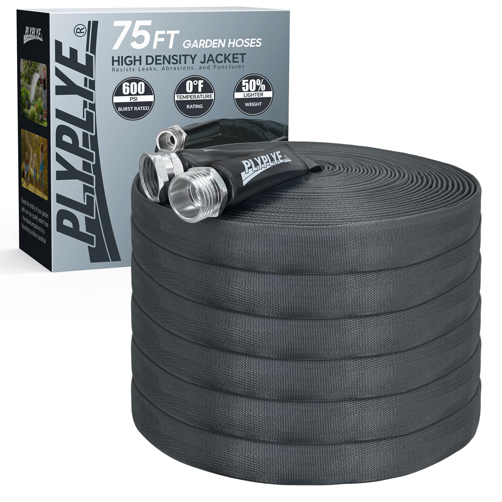 PLYPLYE 75ft non-expanding hose extended for far reach and steady flow.