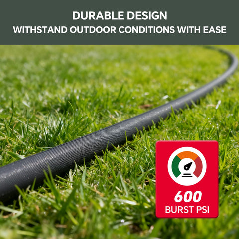 PLYPLYE compact storage hose coiled beside garden tools