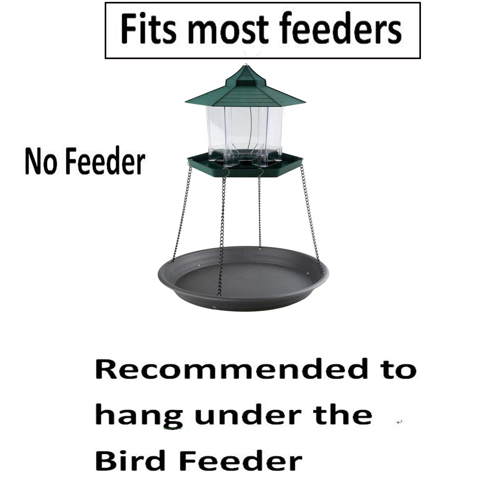 Pmsanzay hanging tray uses black chains to fit most feeders securely.
