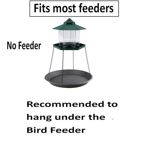 Pmsanzay hanging tray uses black chains to fit most feeders securely.