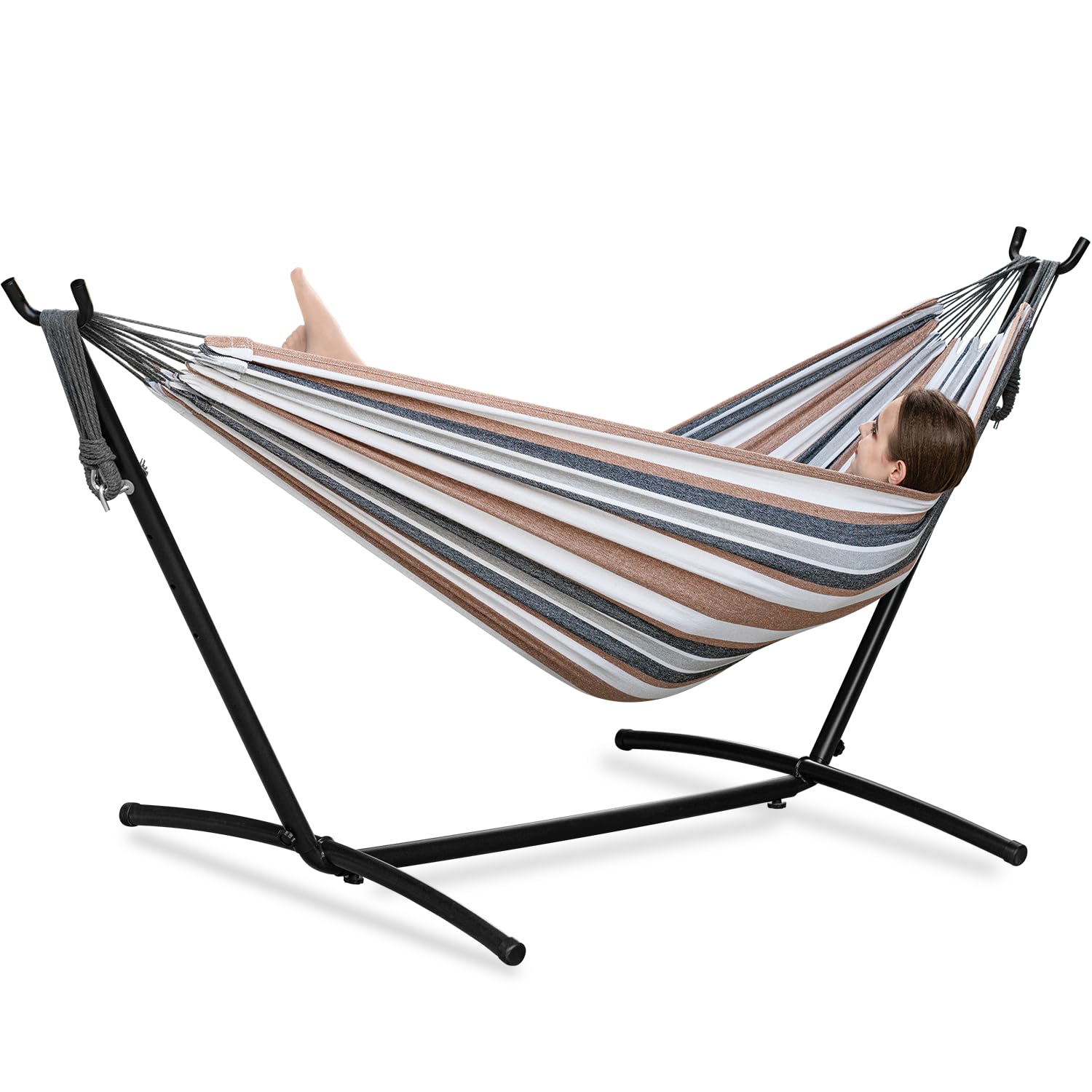 PNAEUT double hammock with coffee stripes and stand, ideal for outdoor lounging