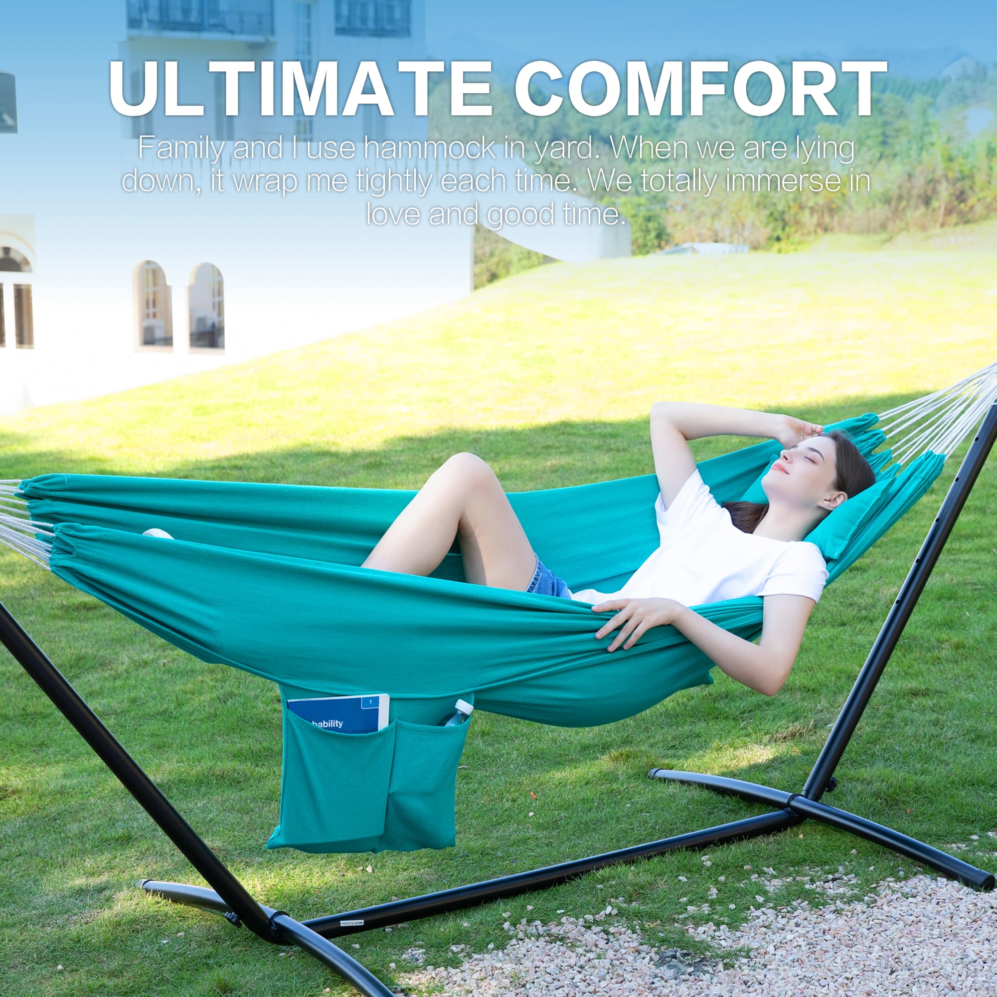 PNAEUT hammock stand outdoors aqua showing sturdy design for two people