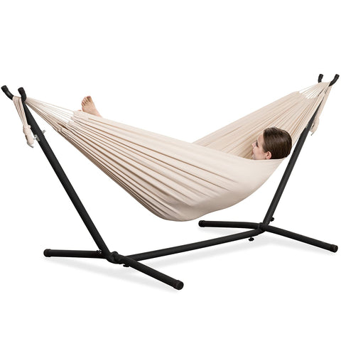 PNAEUT double hammock with stand in beige, ideal for outdoor lounging and social relaxation.