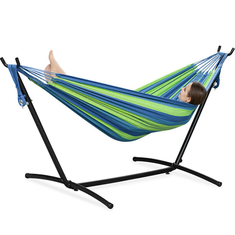 PNAEUT double hammock with stand outdoors in blue for backyard lounging