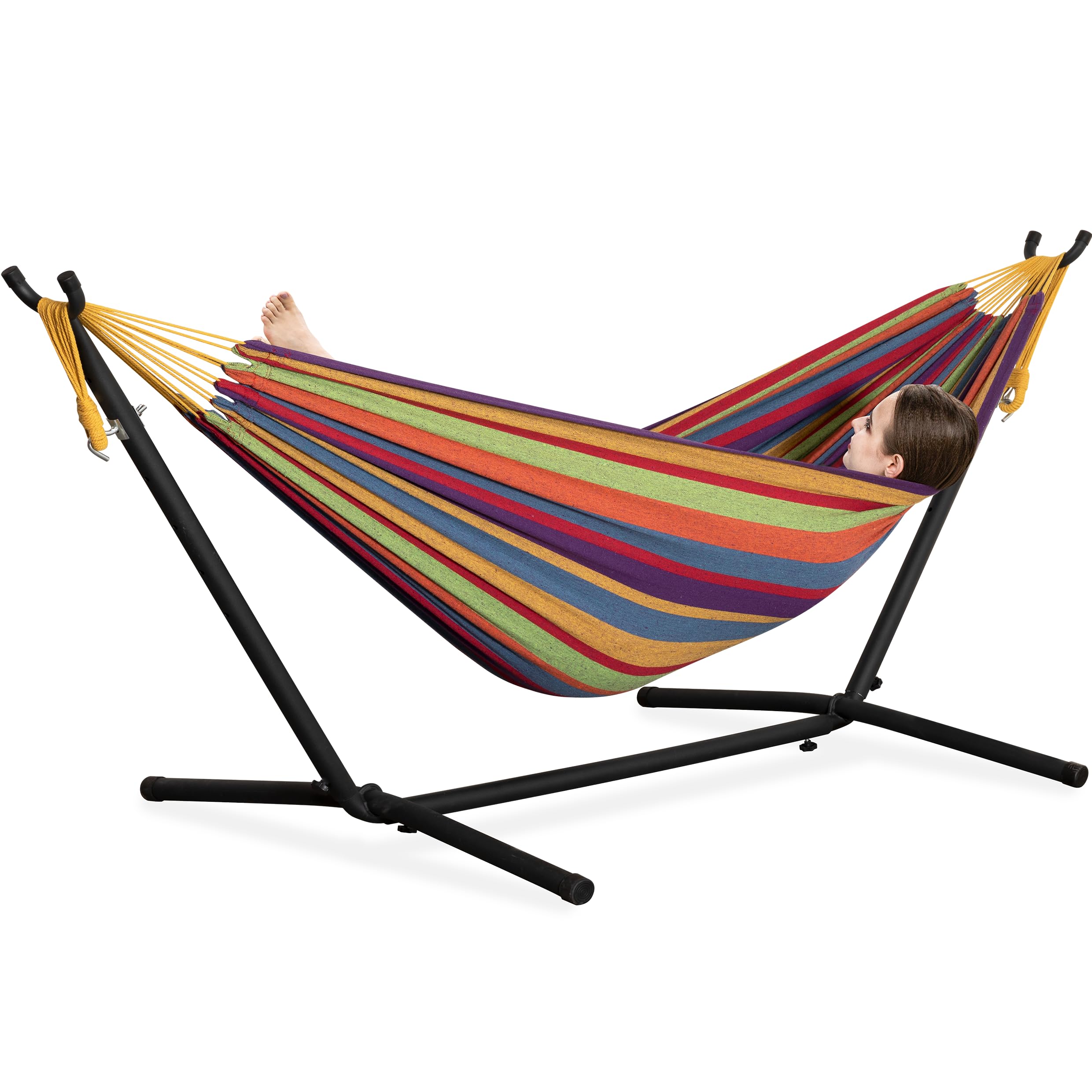 PNAEUT double hammock with tropical stripes on a sturdy stand for two-person outdoor lounging