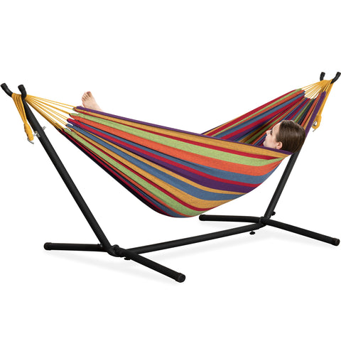 PNAEUT double hammock with tropical stripes on a sturdy stand for two-person outdoor lounging